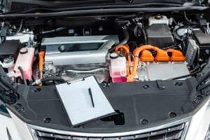 Bilens motor med tjekliste og pen